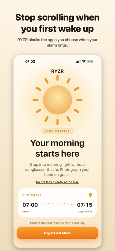 RYZR’s protected morning screen, with a First Move and the time apps unlock.